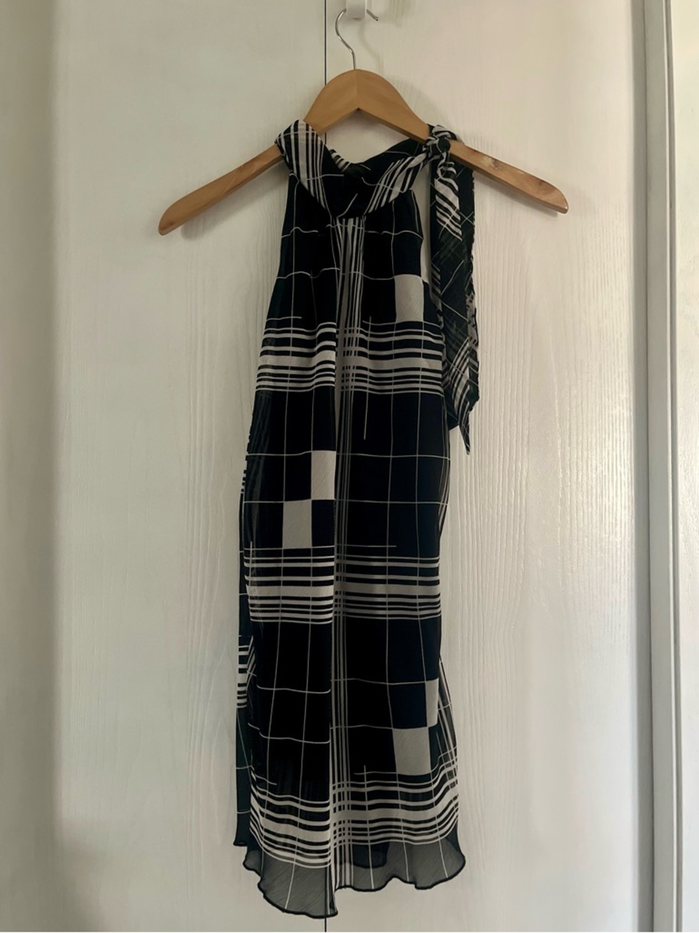 Black and White Plaid Halter Top with Tie Neckline